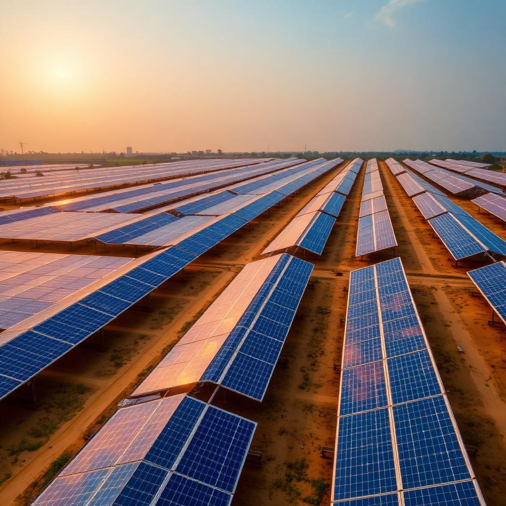 Aerial view of a solar panel farm at sunset