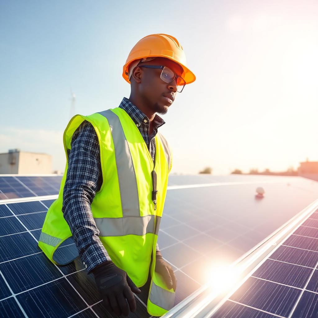 Engineer installing solar panels on a rooftop